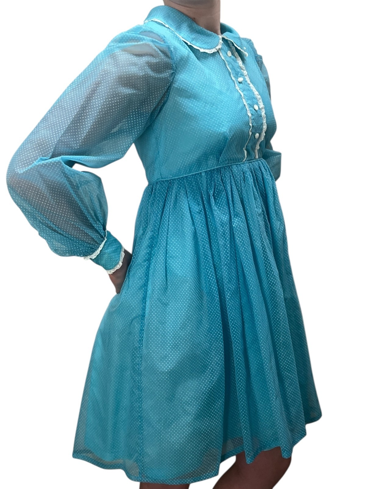 Vtg 60s Sz XS~S BABYDOLL Mini Dress Blue Swiss Dot Empire Waistline MOD