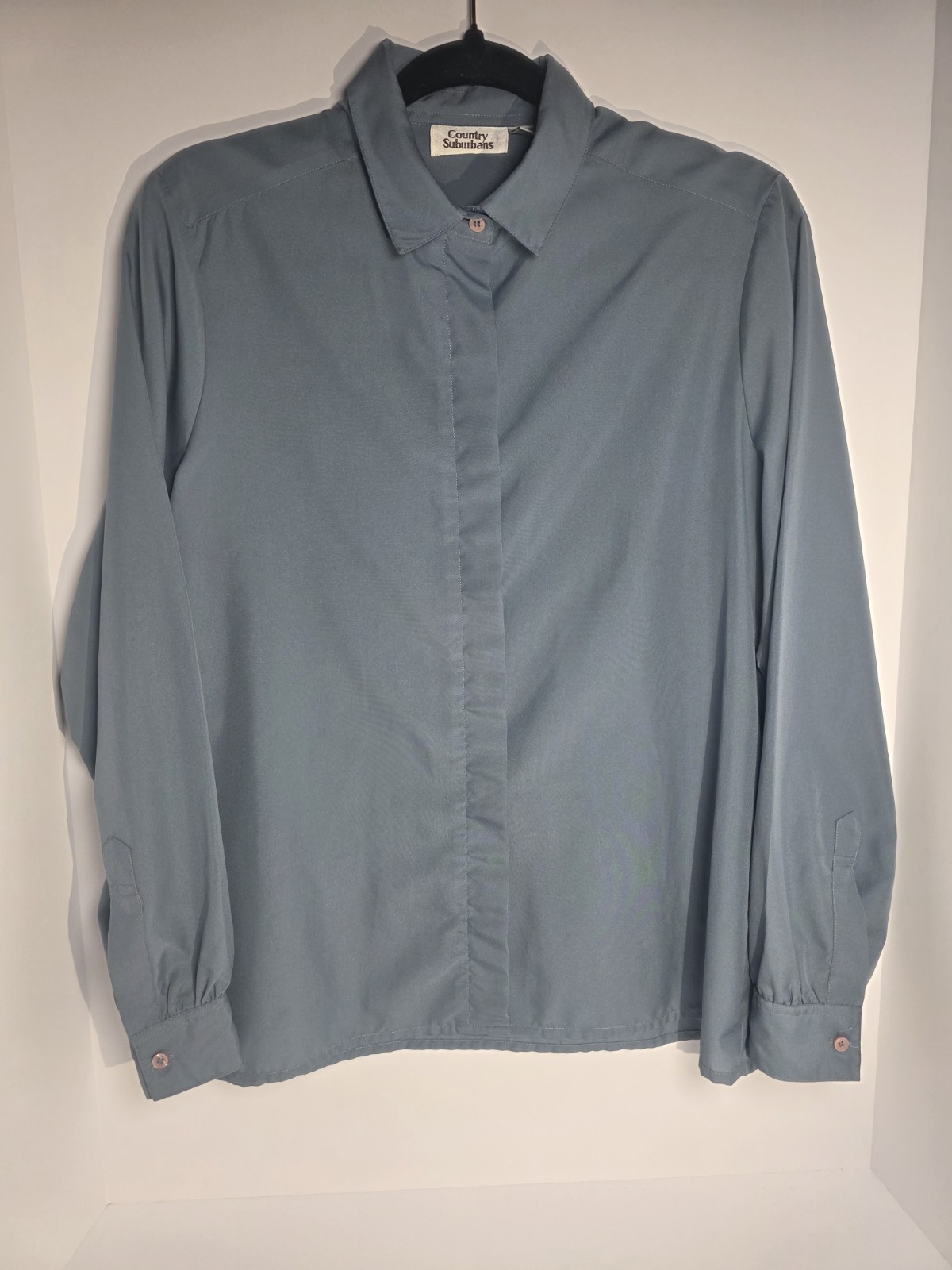 Vintage Country Suburbans Dusty Blue Button Down Blouse Long Sleeve Size 14