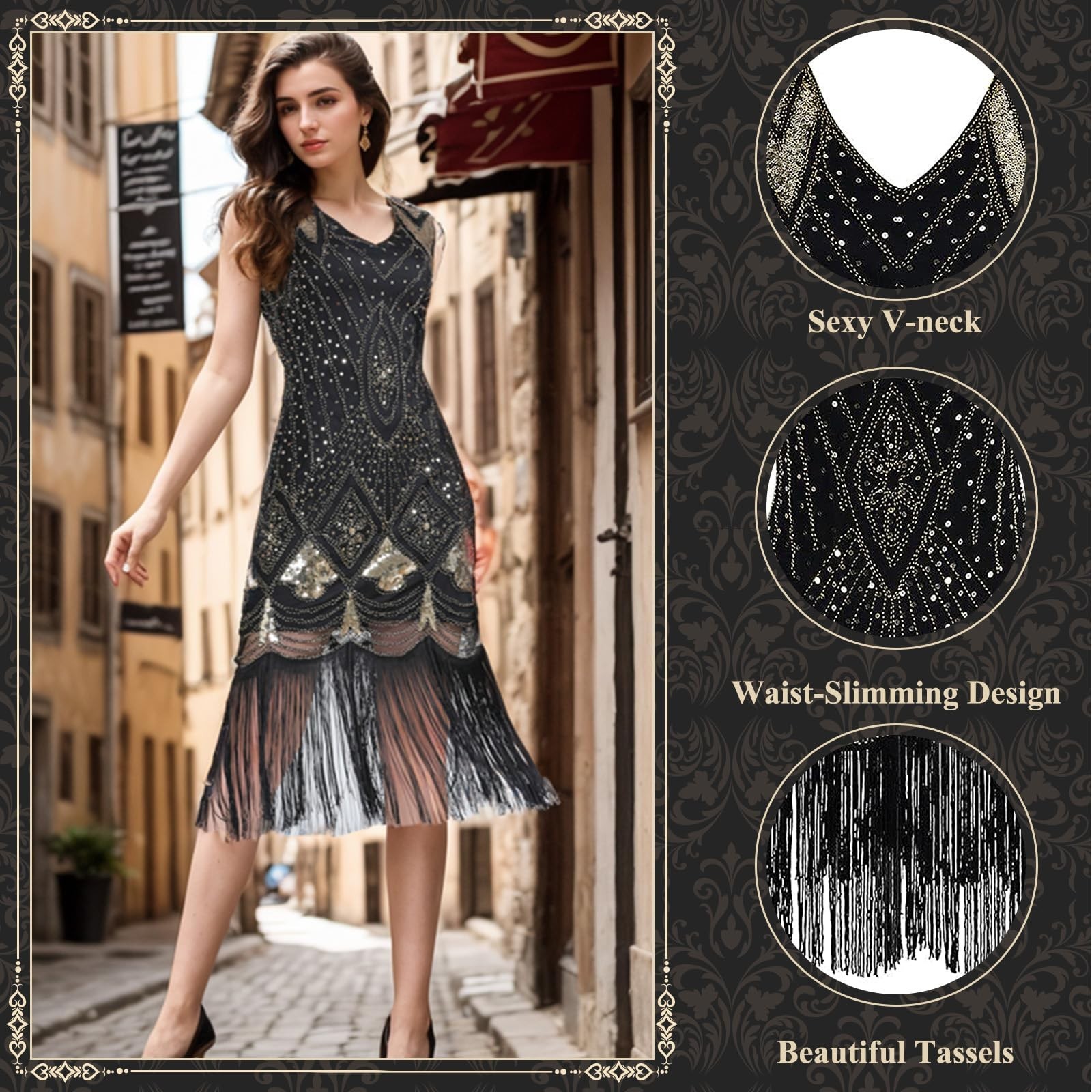 1920s Sequin Flapper Dress for Women, Gatsby Cocktail Dress with Accessories Set