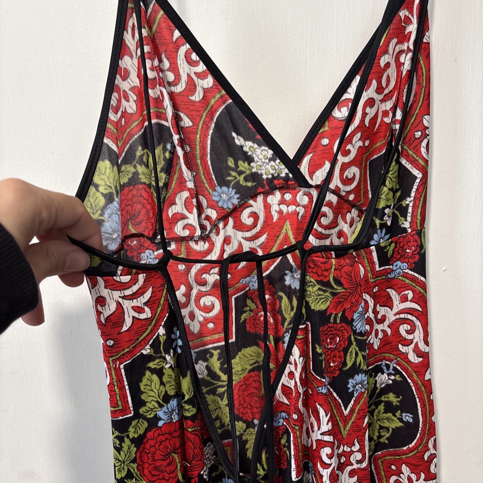 Vintage Vassarette Long Nightgown Maxi Slip Dress Red Floral Tie Open Back Sz 34