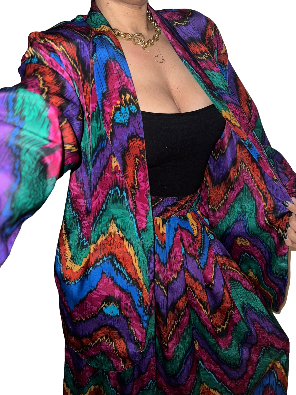 TanJay VTG Small 2pc Set Watercolor Art Wear Print Skirt Open Long Top Made USA