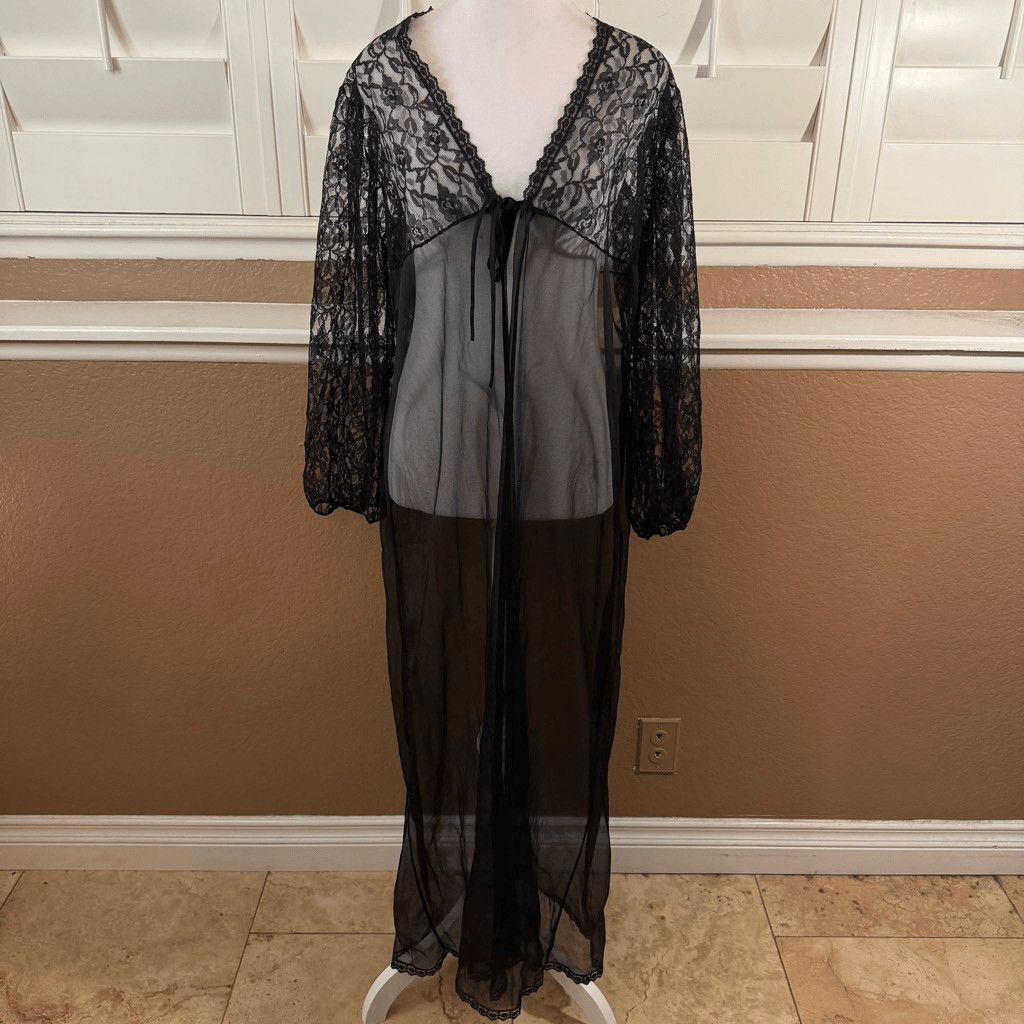 Vintage Undercover Wear Sheer Black Peignoir Robe Duster Sz M Whimsigoth Vamp