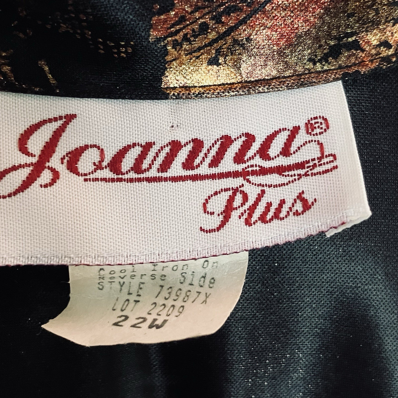 VTG Foil Button Down Blouse 22w Joanne Plus Black Rose Gold Long Sleeve 80s 90s