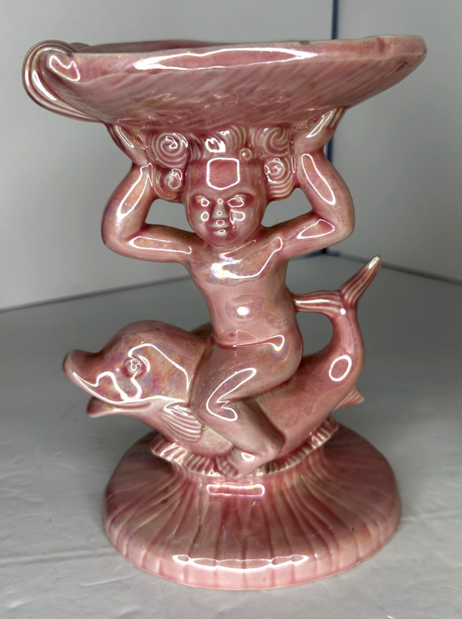 Holland Mold Ceramic Pink Iridescent Cherub on Dolphin Trinket Soap Dish – 1979