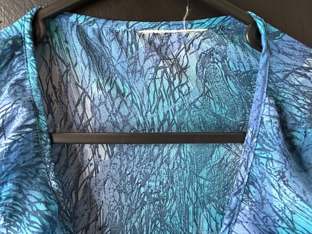 Vintage y2k Ladies Sheer Blue Cascade Ruffle Blouse Sequin Summer Hippie AU 12