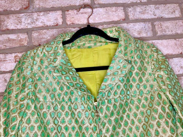 VTG T. Jones 1960s 2pc Skirt Suit Green Gold Brocade Mod Jackie O Set Sz S/M