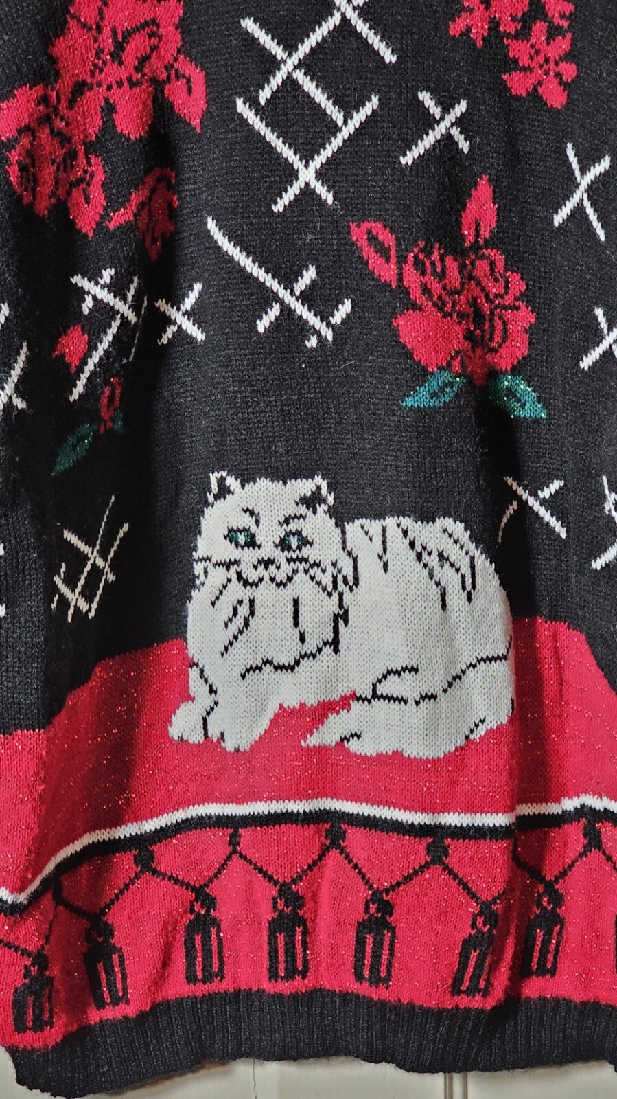 VTG SPUNKY Ugly Sweater Women L Black Red Metallic Whimsygoth White Spooky Cat
