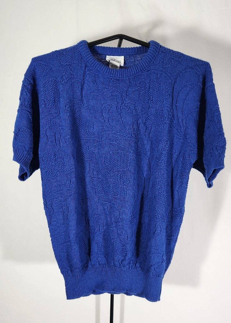 Vintage Cobalt Blue Knit Floral Sweater Alicia Cotton SZ SM