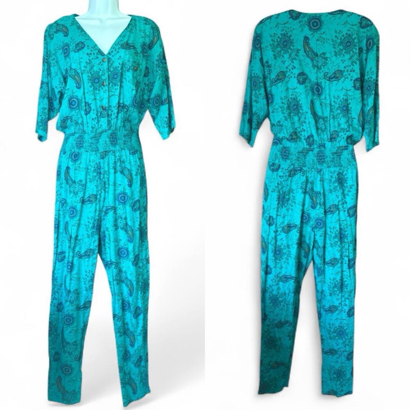 Vtg Benson & Smith Paisley Jumpsuit S/M 80s Teal Festival Boho Hippie One Piece