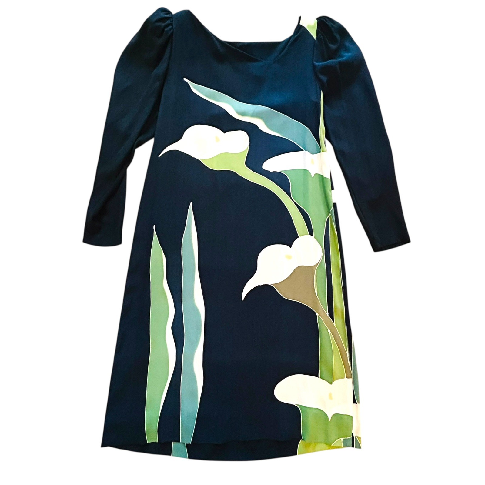 Vintage Navy Calla Lily Dress 1980s Puff Sleeves Size Small Shift Sutherland