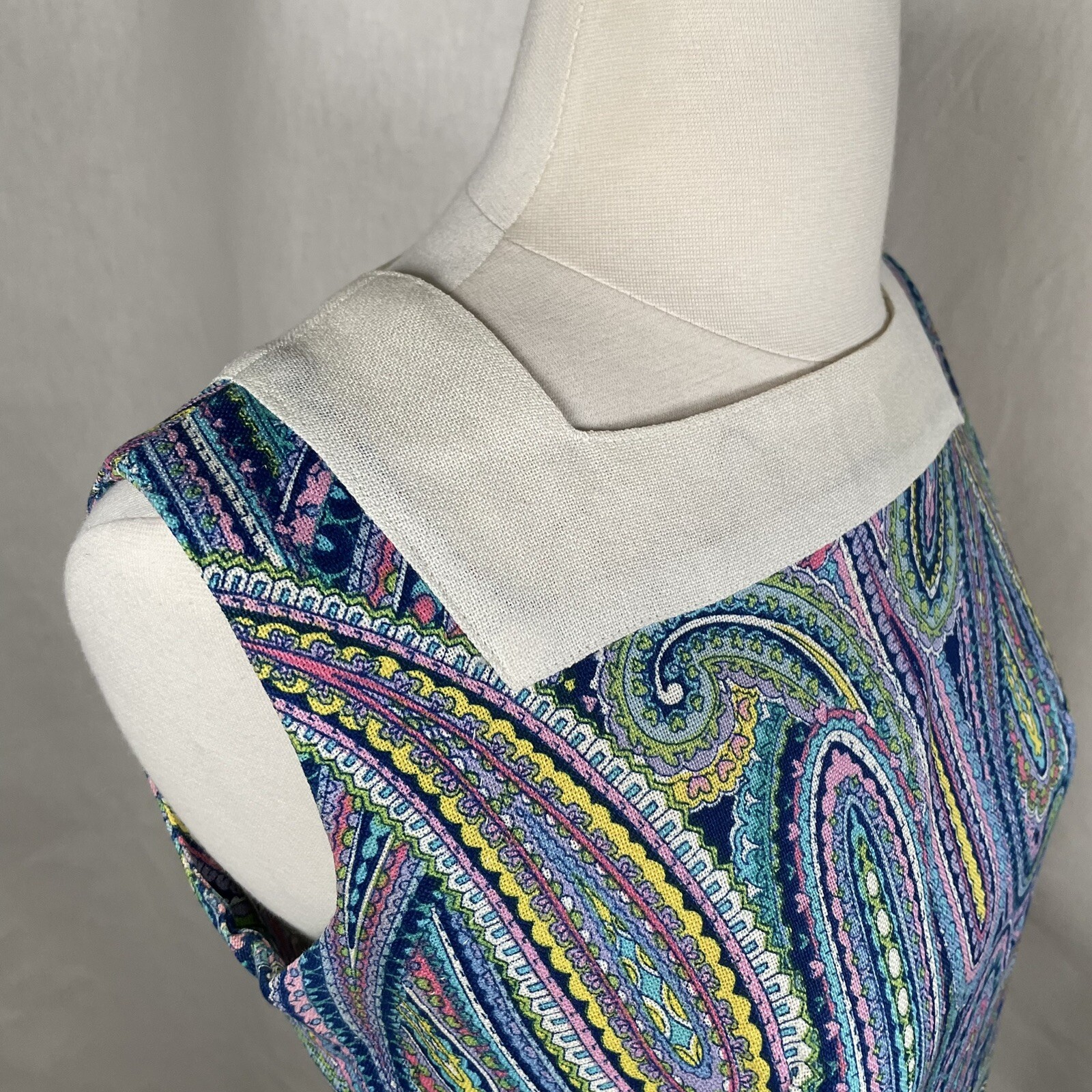 Paisley Shift Dress Vintage 1960s XS Sleeveless Blue Purple Yellow Handmade