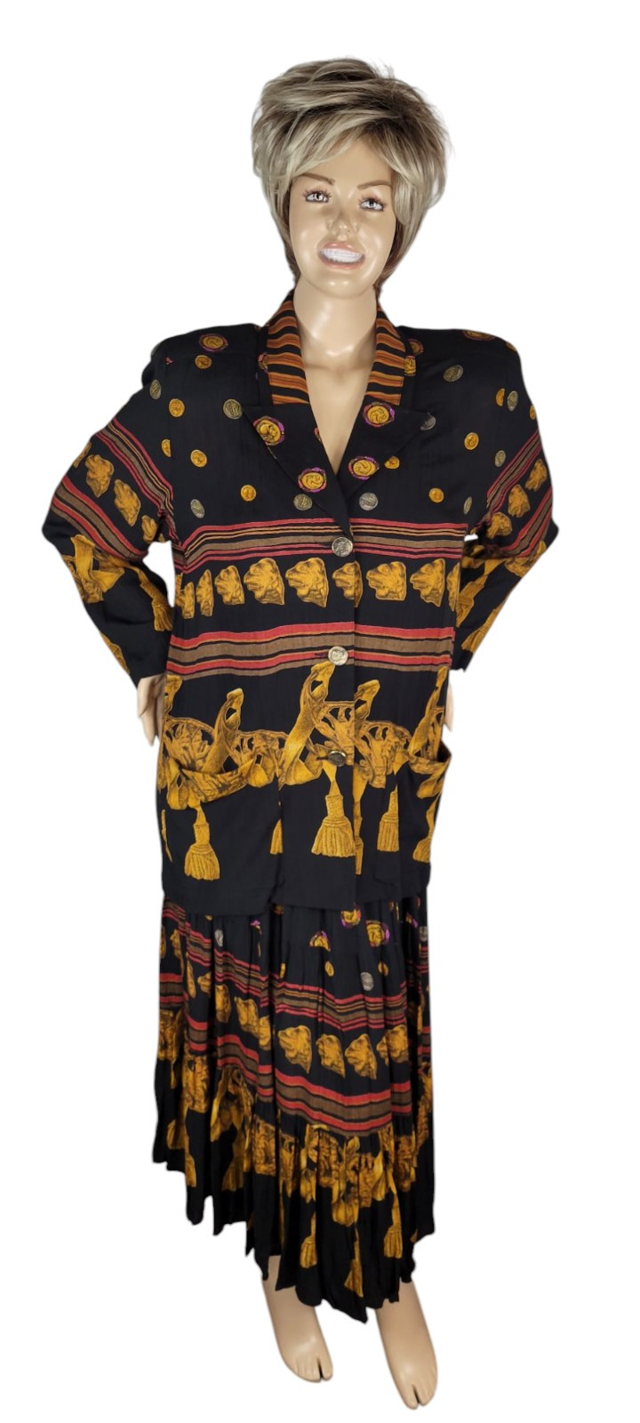 Vtg CL Carole Little Black Gold Tassel Etruscan Revival Gauze Skirt Top Set 8/10