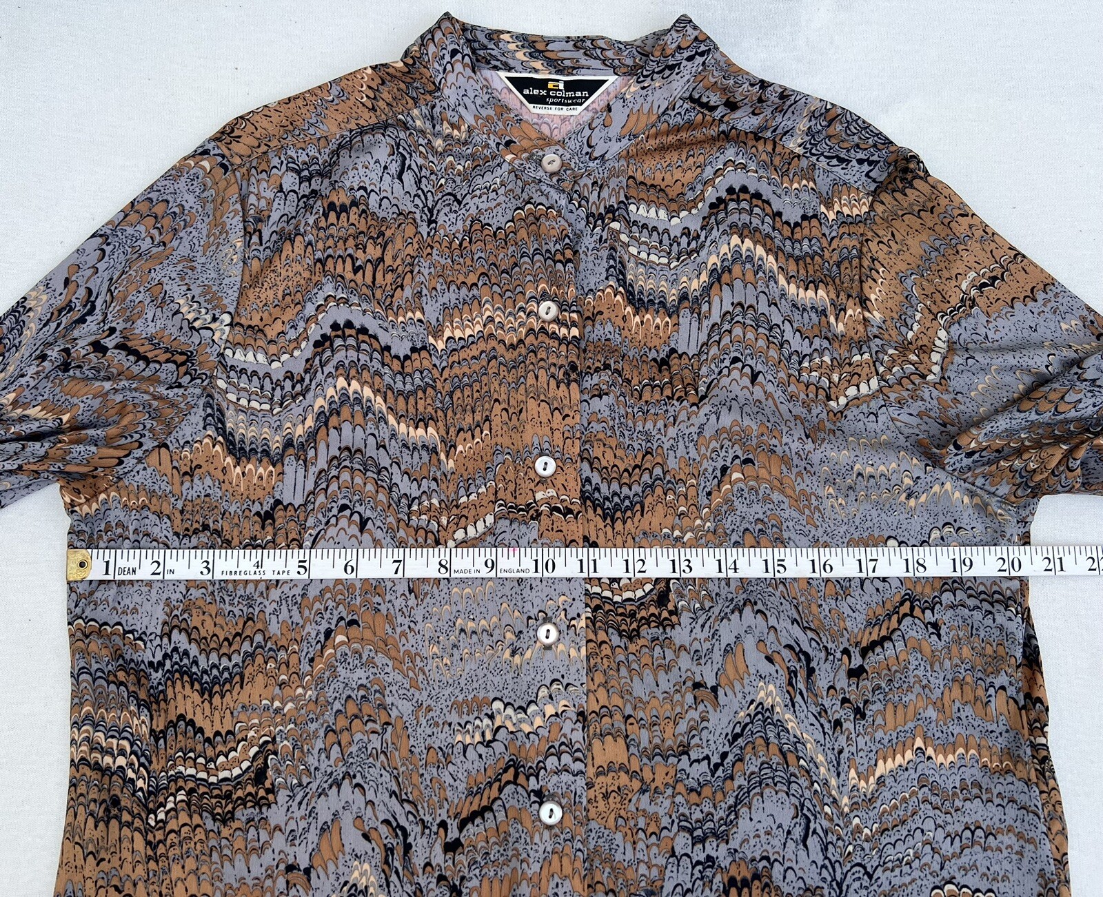 Vintage 1970s Marbleized Print Tunic LS Blouse Mandarin Band Collar Alex Colman