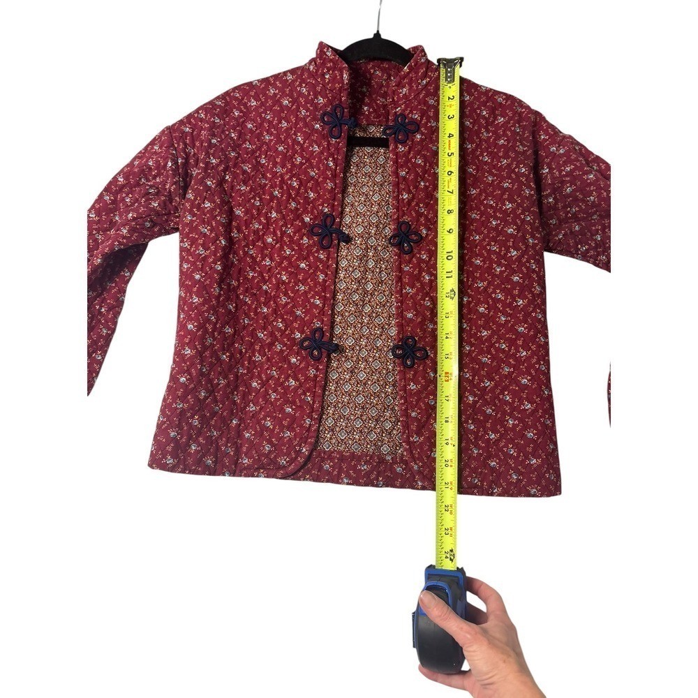Vintage Burgundy Floral Quilted Jacket Mandarin Collar Frog Closures Calico