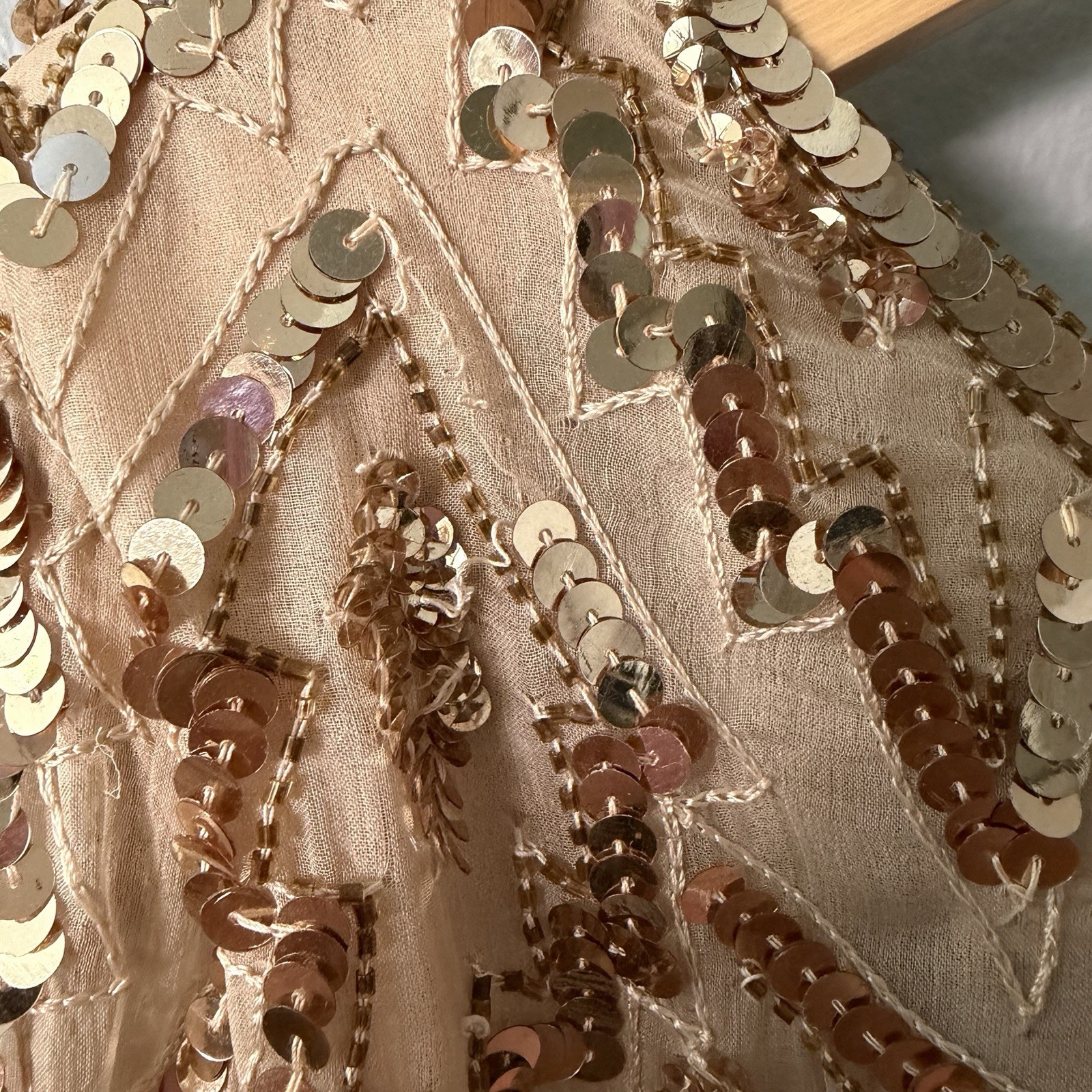 Vintage Scala Attributed 100% Silk Beaded Sequin Cocktail Dress M Champagne Gold