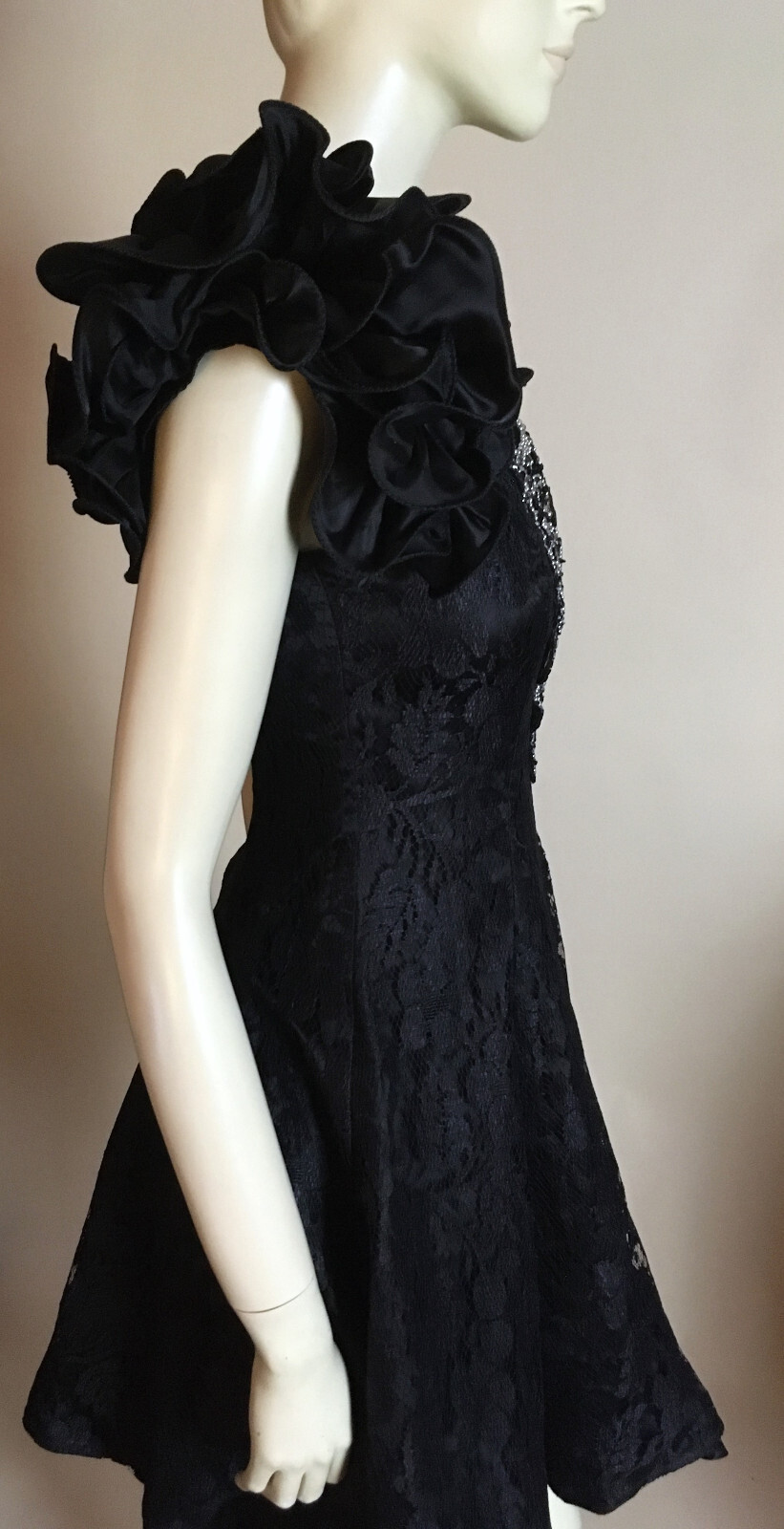 1980s 90sTrue Vintage Black Lace Ruffle Shoulder Beaded Party Prom Dress S 3-4