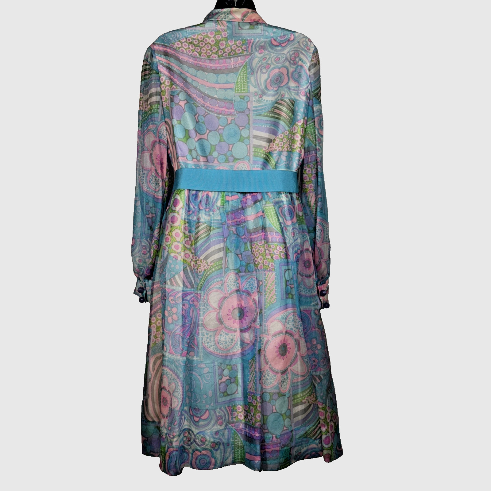 Nardiello Rona 14 shirt Dress Vtg 1960s 70s Colorful Floral Mod Silk midi blue