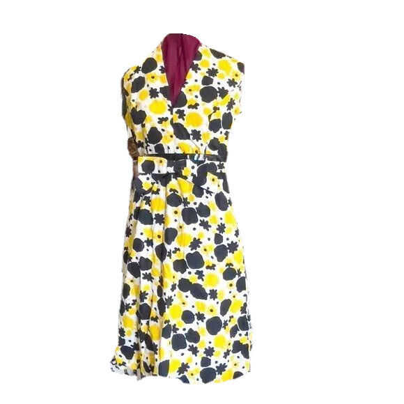 Sunny 1960’s Mod Yellow High Collar Abstract Flower Print Dress 2 Bow Belts VNTG