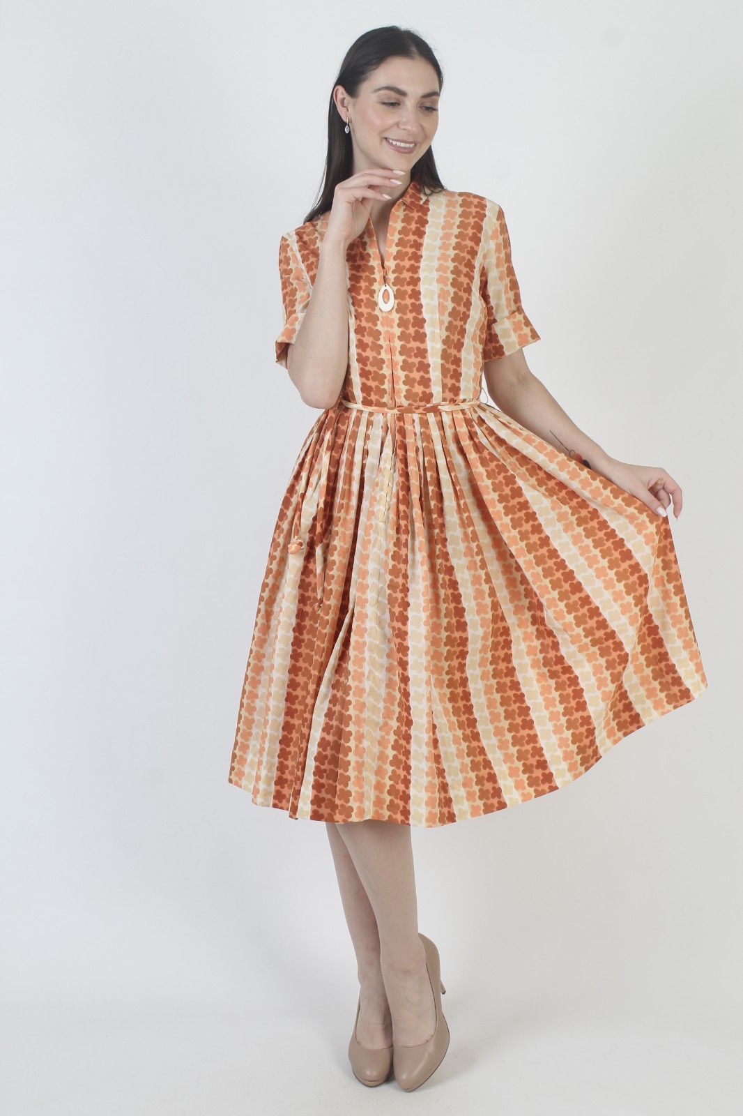 Vtg 50s Belted Knee Length Dress Westbury Fashions MCM Rockabilly Mid Mod Midi