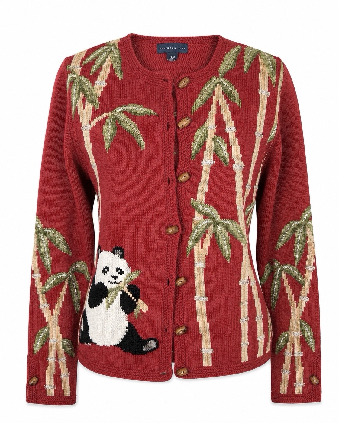Northern Isles Vintage red Panda Bears Bamboo button front cardigan Knit Sweater
