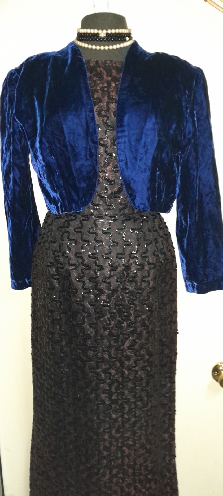 Vtg 30s 40s Style 80s 90s Deco Blue Crushed Mini Velvet Cropped Bolero Jacket M