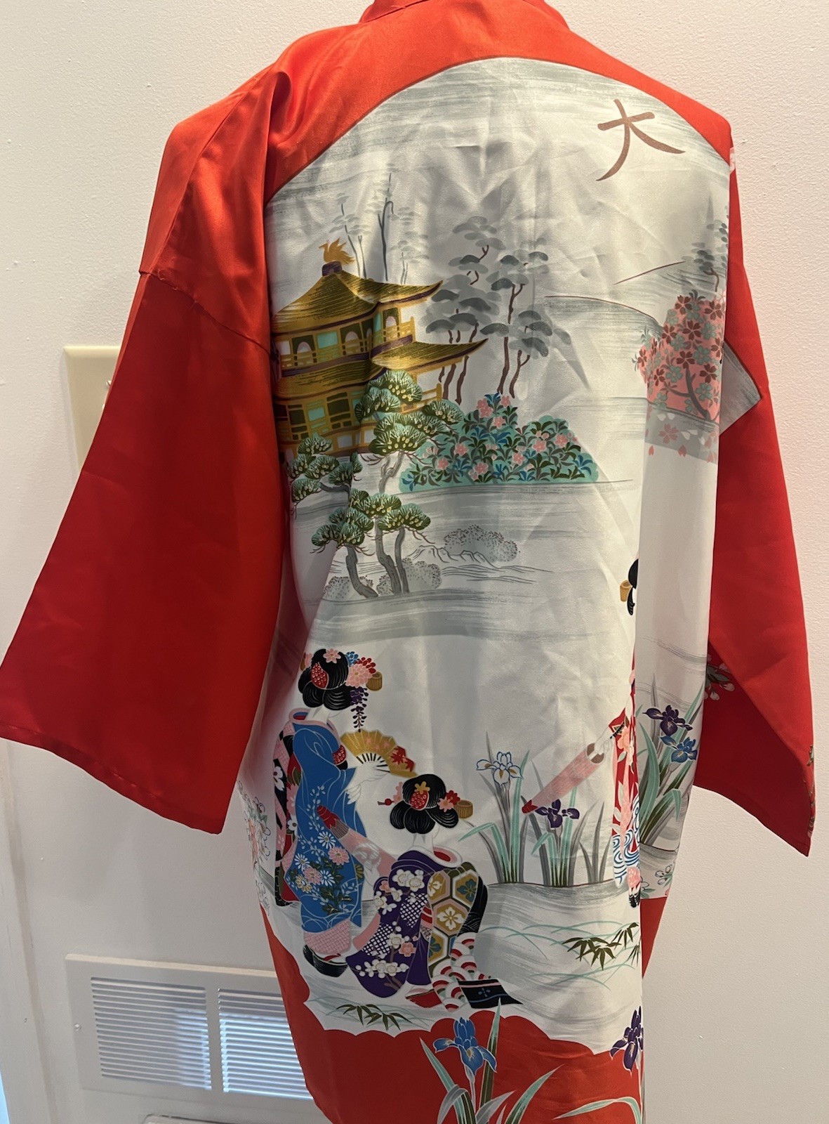 Vintage Japanese Kimono Robe Red Satin Geisha Pagoda Loungewear Jacket Women OS