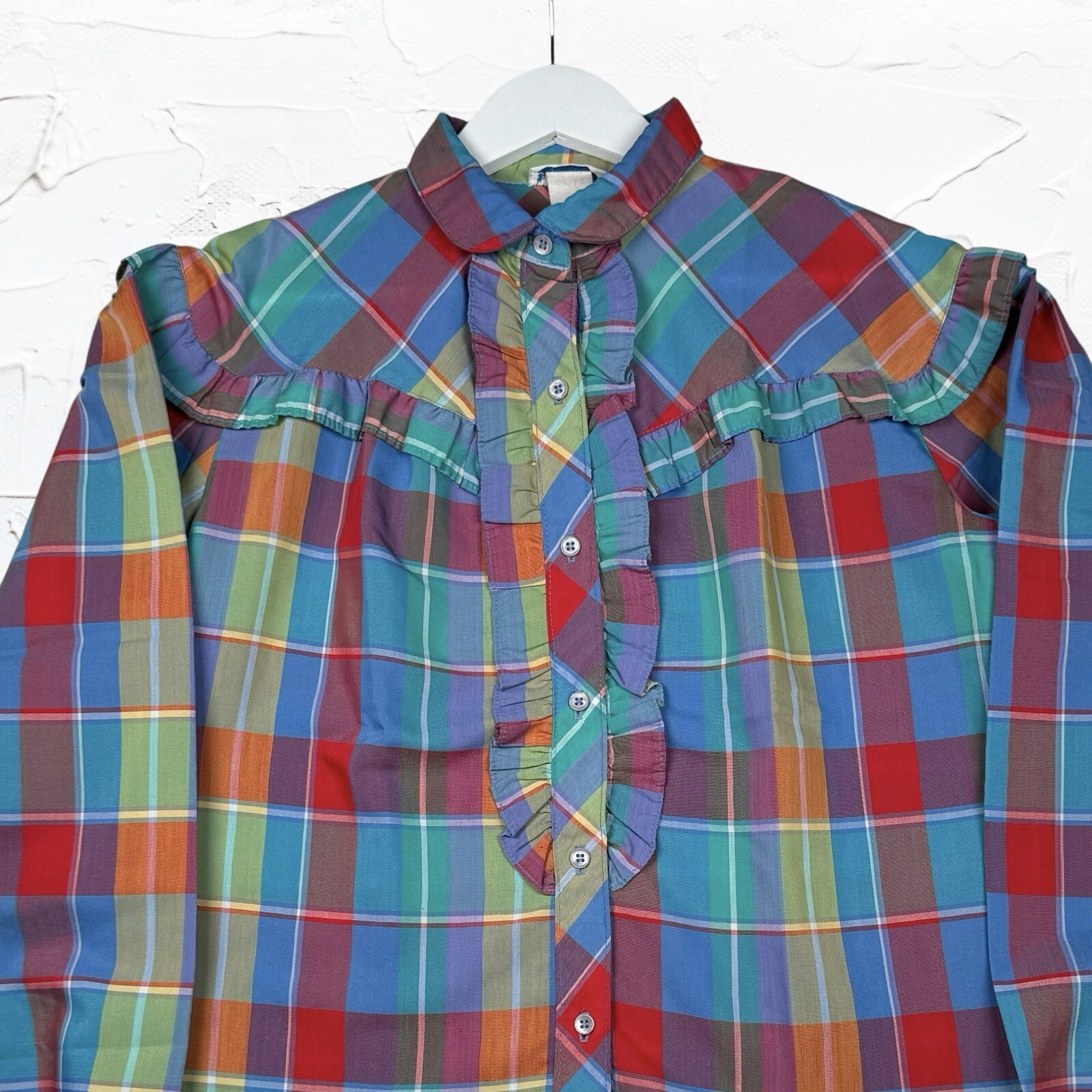 Vtg 70s Levi Strauss & Co Women Plaid Button Down Ruffle Shirt – Size M/L
