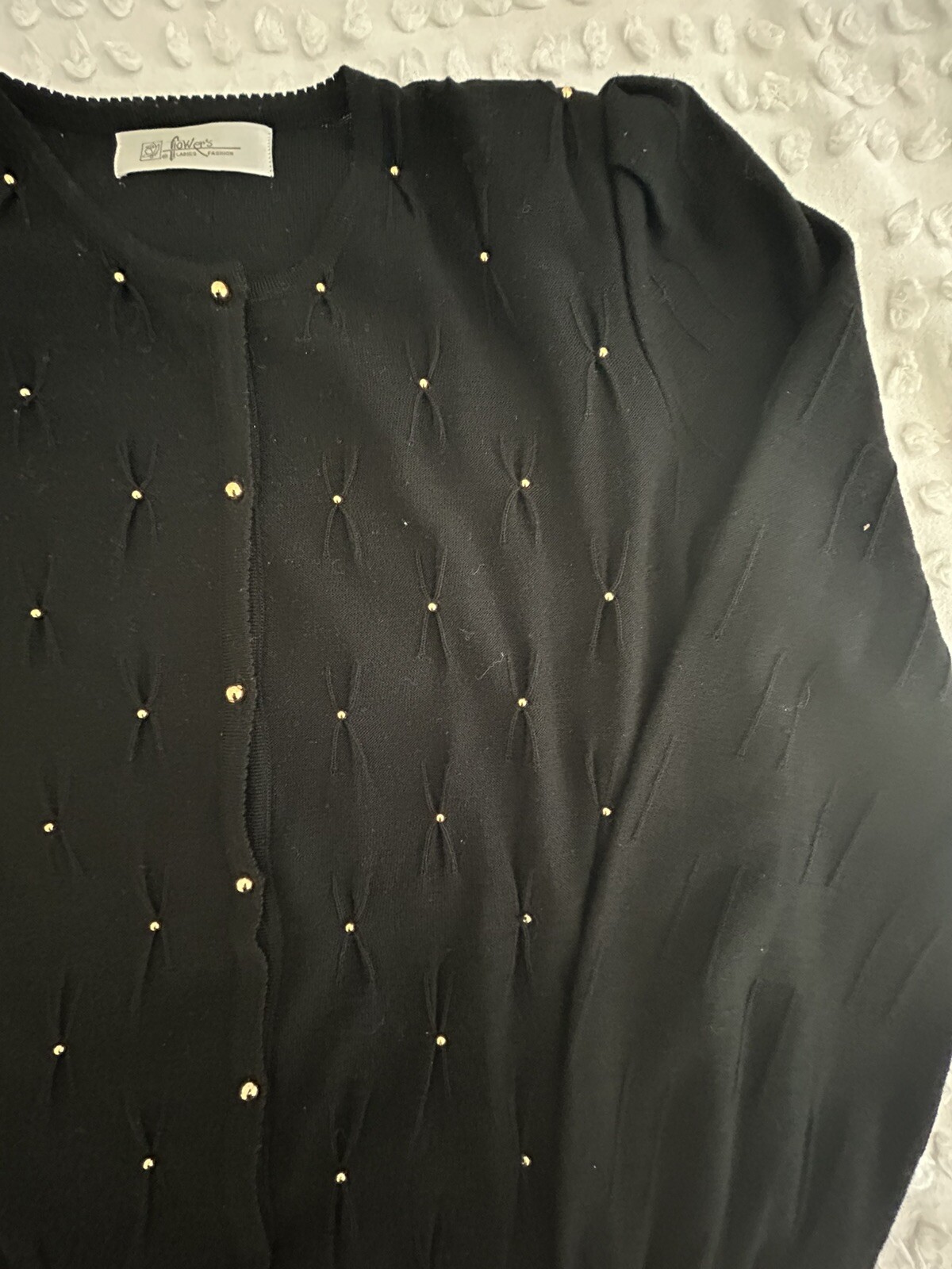 Vintage 1980’s Black Gold Button & Beads Cardigan Padded Shoulders Size Sm EUC