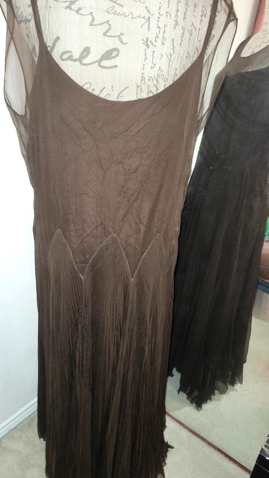 Vtg 1930s Chocolate Silk? Chiffon Dress Built-in Lining Floor Length Sz Large