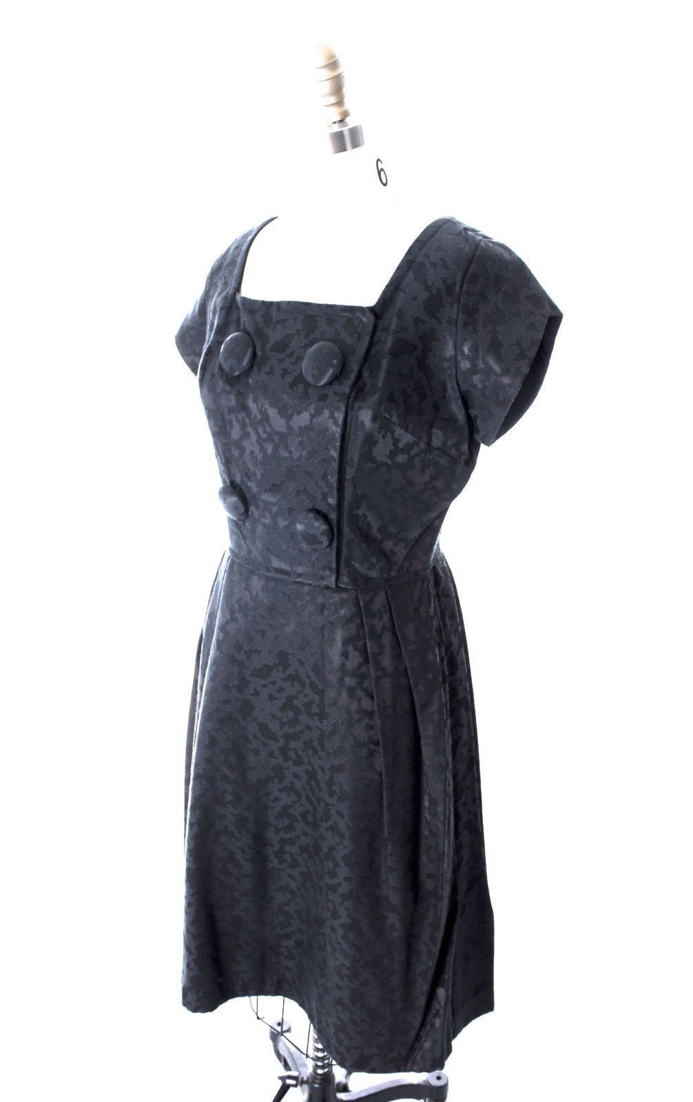 VTG 1960s Black Damask Cocktail Dress NWOT Square Neck Buttons Full Skirt S/M