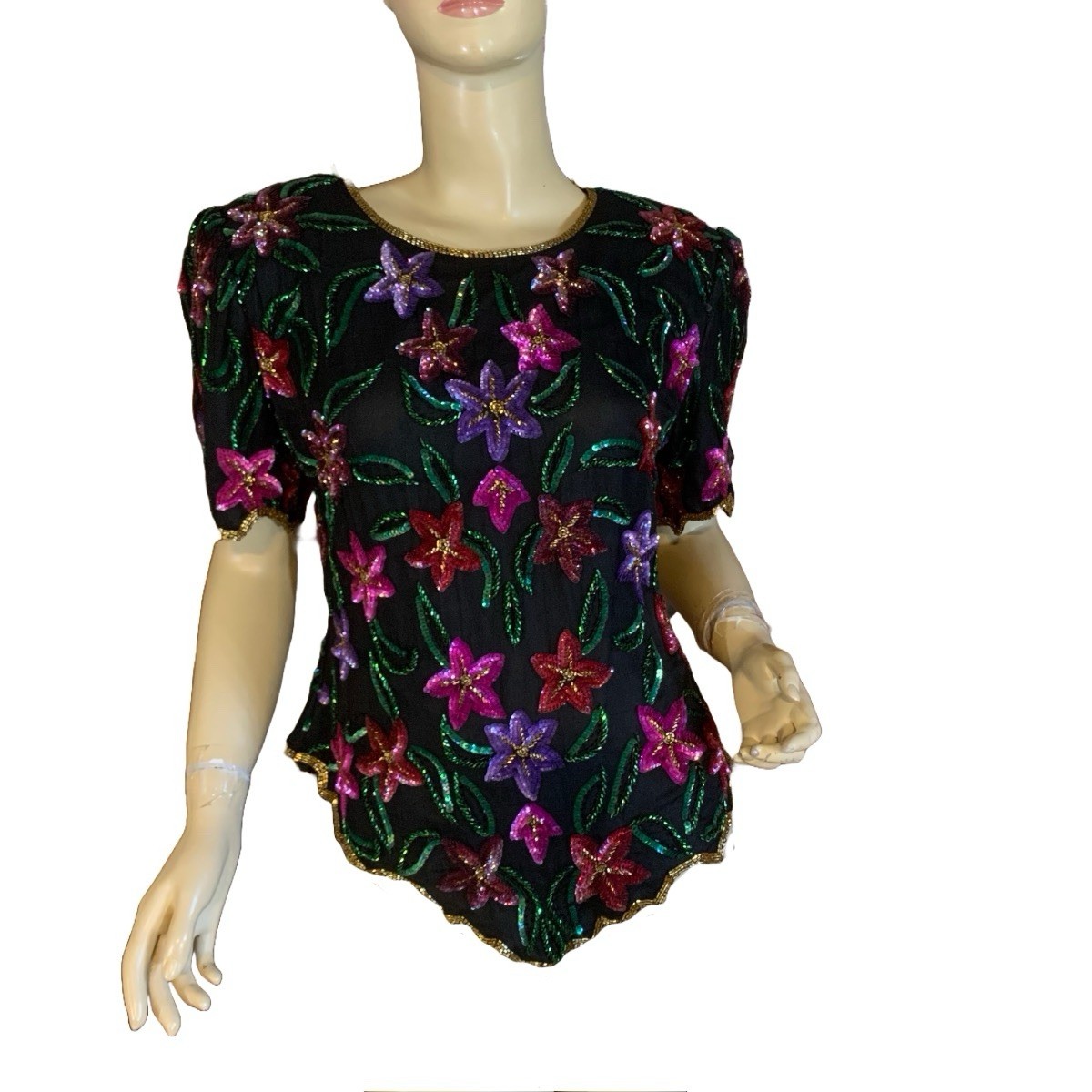 VINTAGE CIRCA 1980’S LAURENCE KAZAR MULTI COLOR FLORAL & BLACK SEQUIN TOP SZ LG