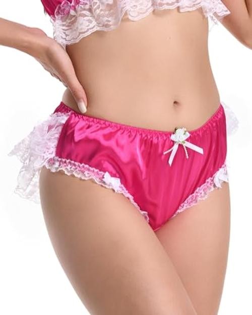 Frilly Sissy Soft Lace Knickers Briefs Satin Panties XX-Large Hot Pink – White