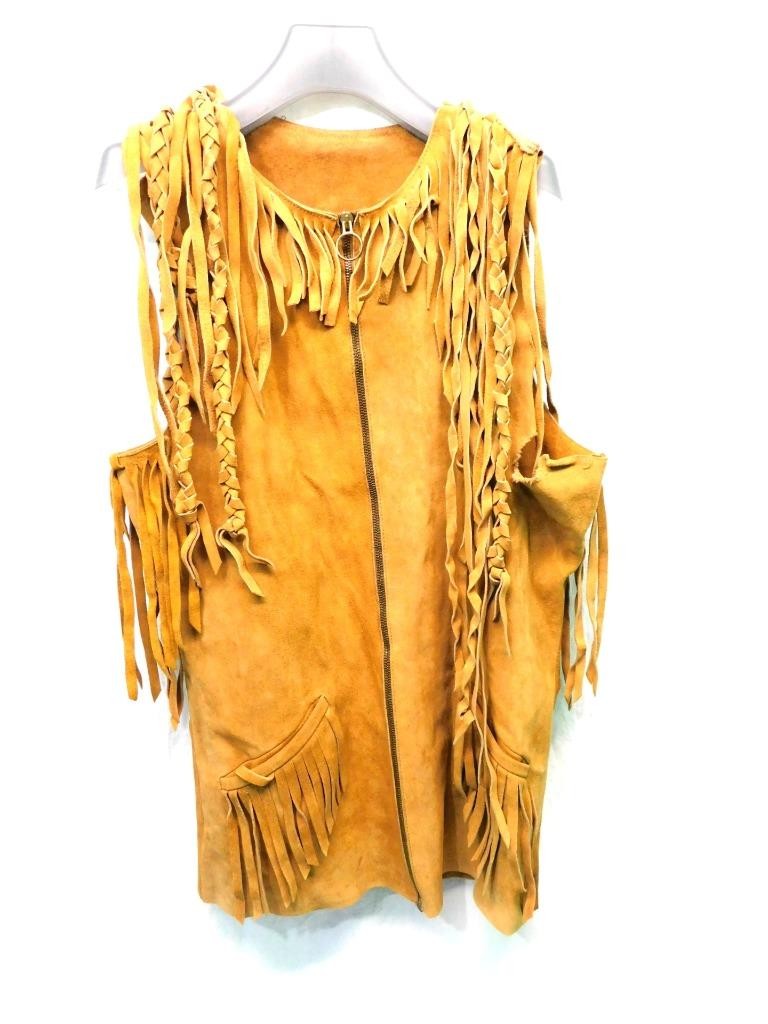 Vintage S Brown Suede Leather Fringe Vest Jacket Full Zip Western Hippie READ