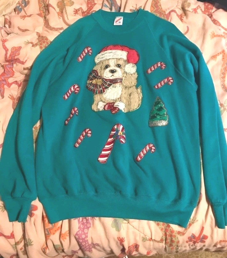 Vintage 90’s Christmas Sweater JERZEES Made In USA Size X-Large Puppy Dog