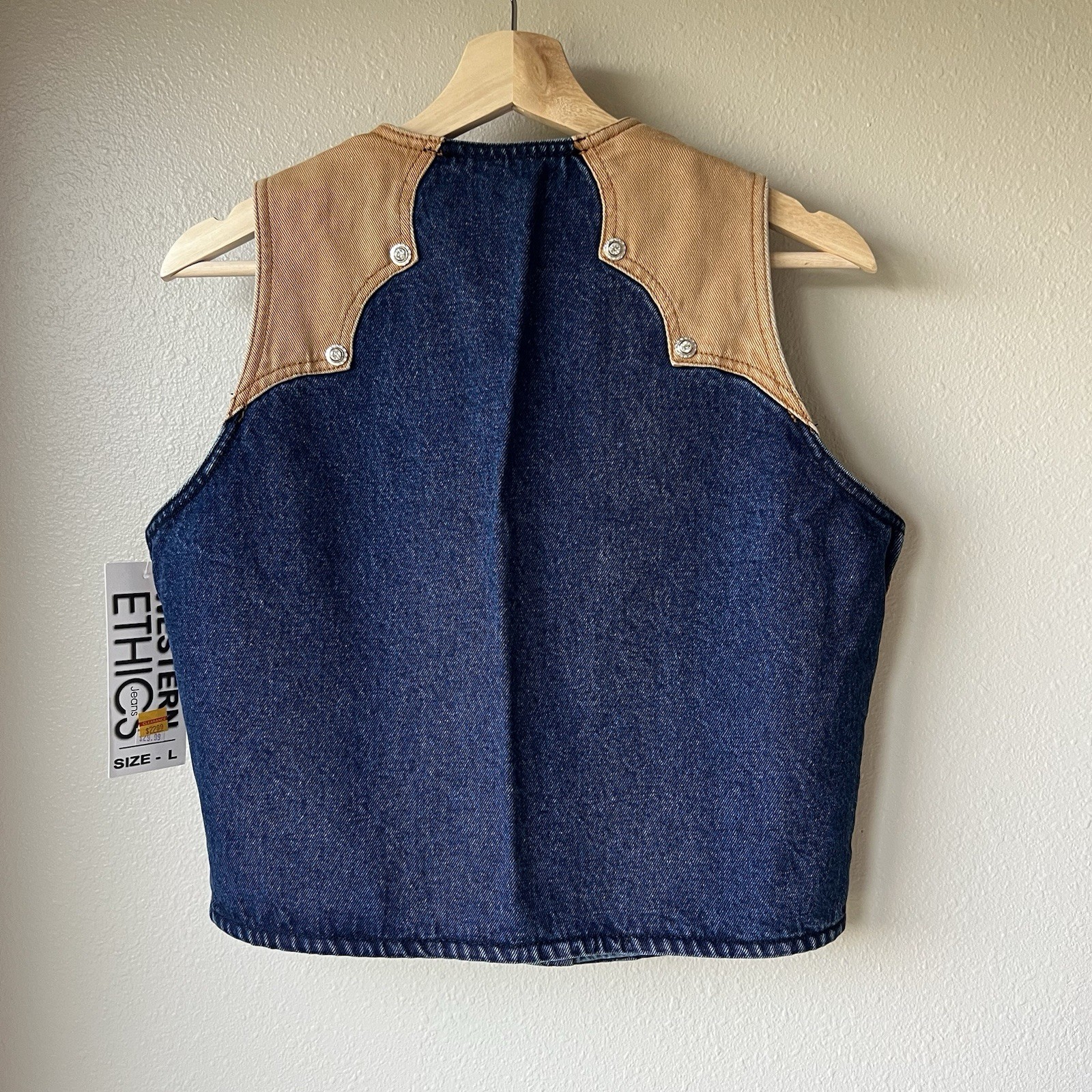 Vintage Western Ethics Bling Vest L Denim Tan 2 Tone 80s Scalloped Zip Cowgirl