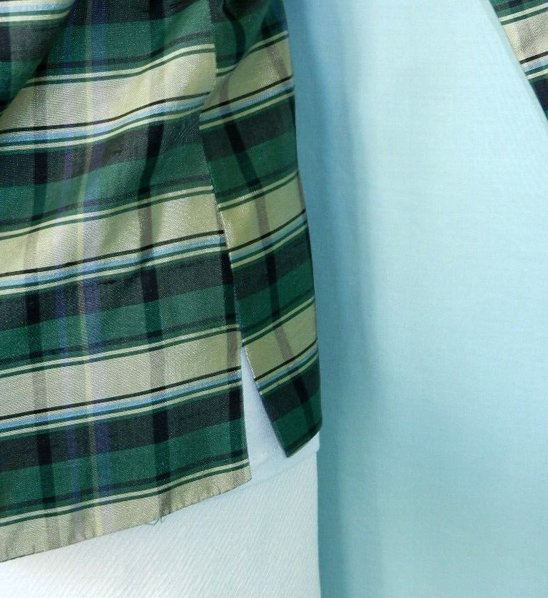 VTG. 2000s SILKLAND Raw Silk Green Plaid Lined 3/4 Sleeve Lightweight Jacket M