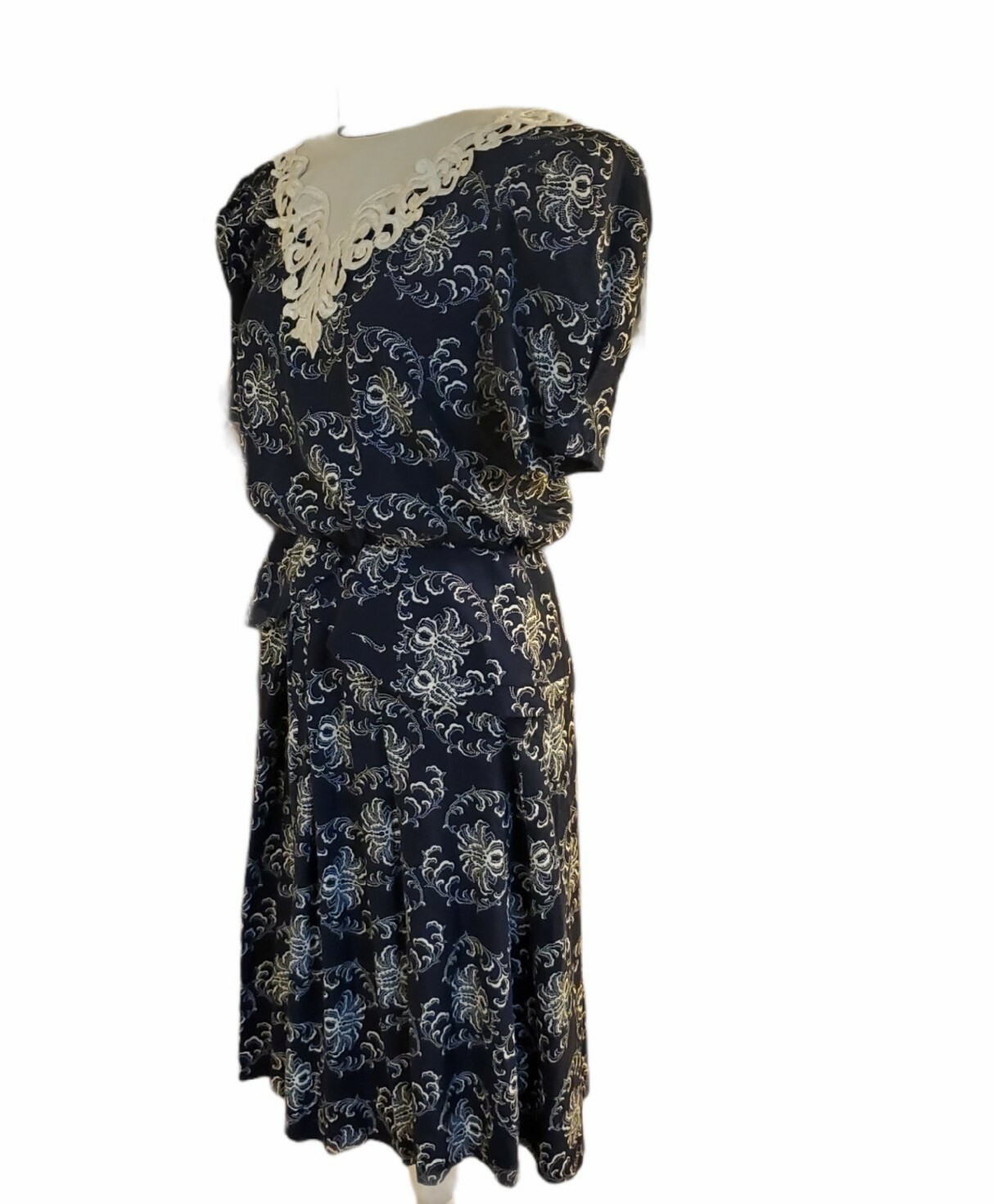 VTG 80s Lisa Petites Women’s 12 Dress Cottagecore Crochet Collar Navy Blue