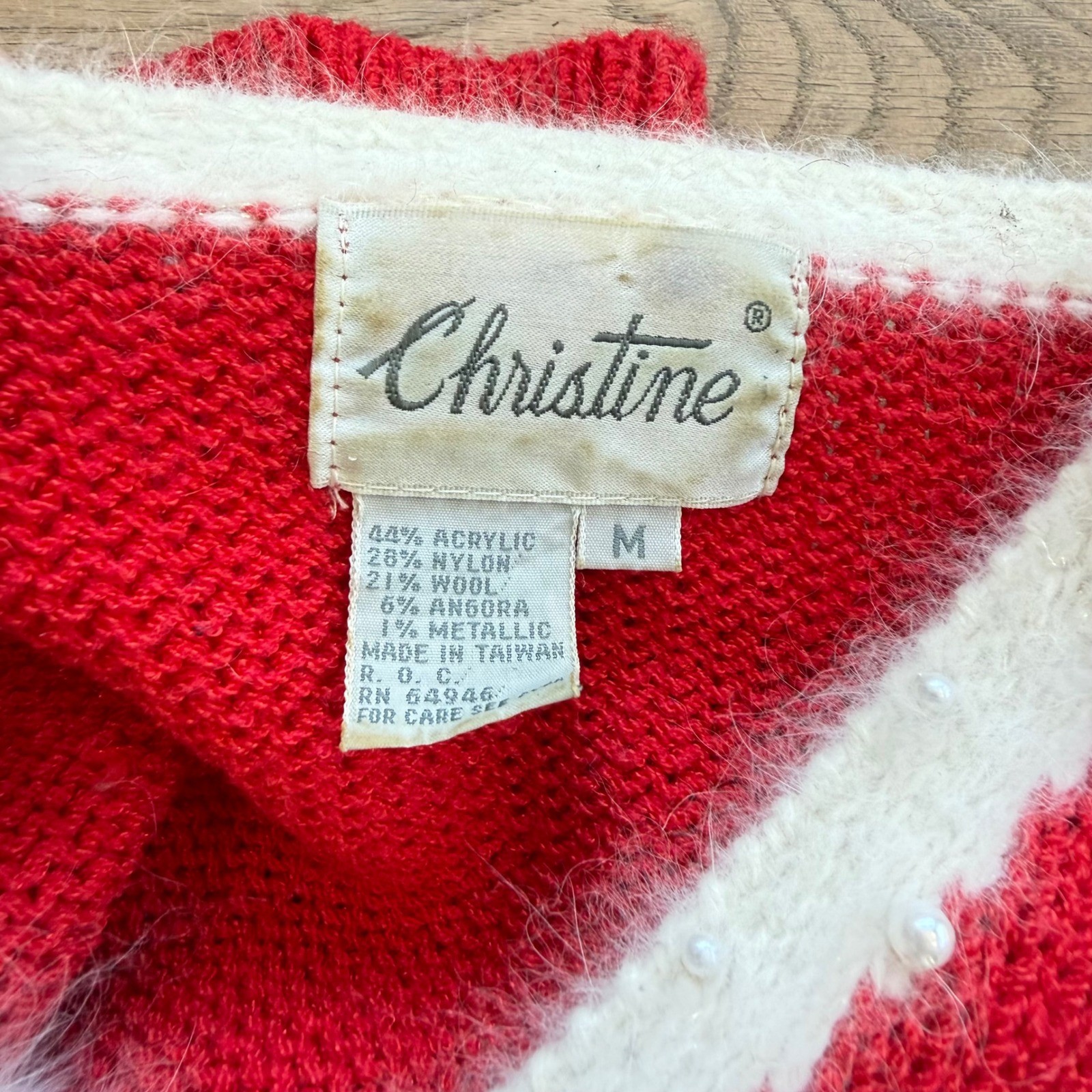 Vintage Christine Red Bow Sweater Angora Pearl Embellished Holiday Christmas M