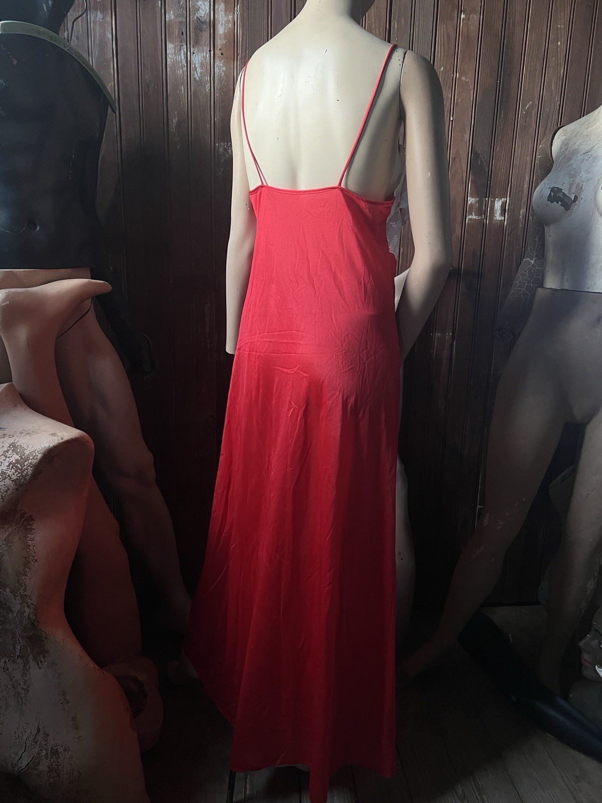 Vintage 70s Red Lace Slip Gown Frills Spaghetti Strap Prairie Nylon
