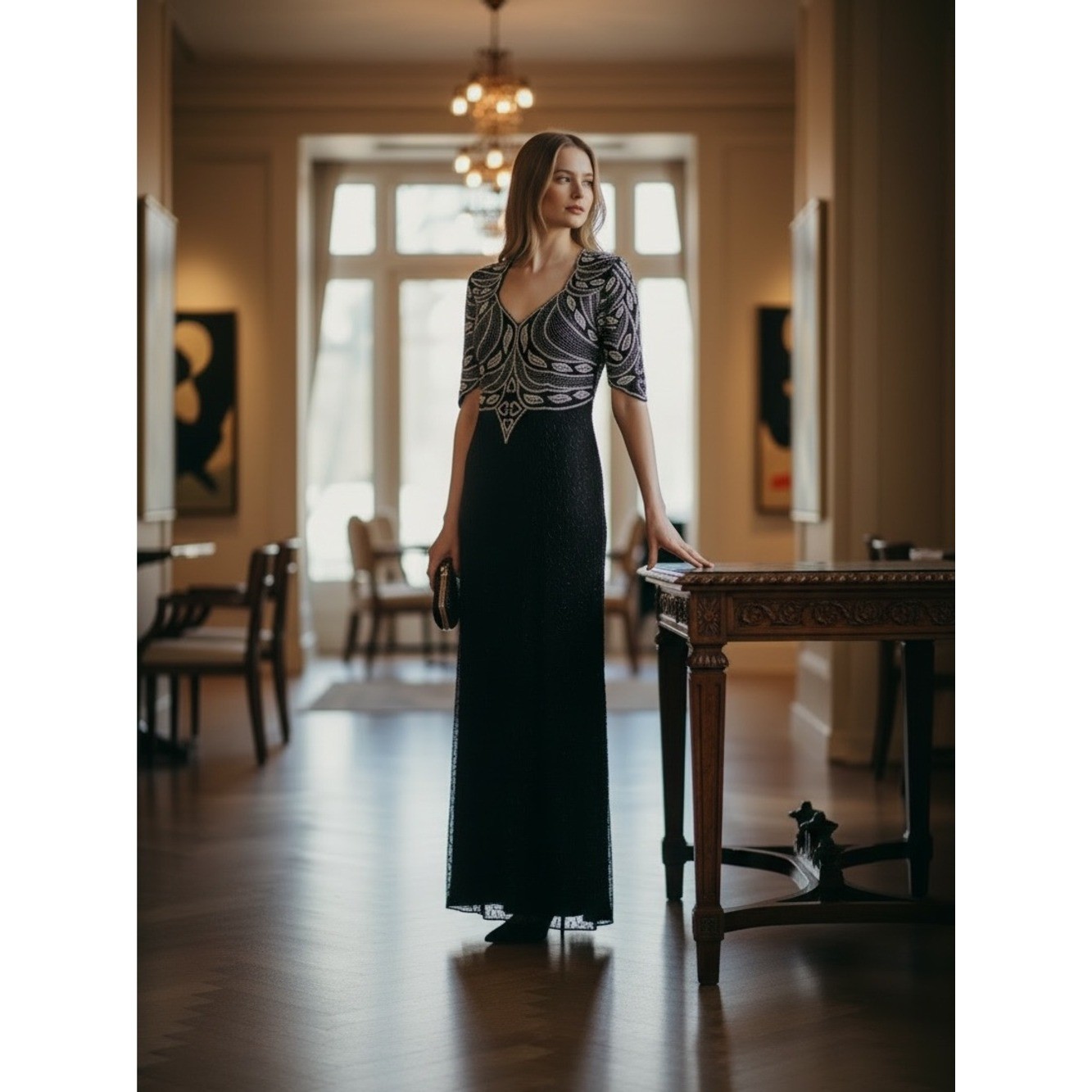 Night Vogue Vintage Black Silk Beaded Sequin Maxi Dress Art Deco Gown M Medium