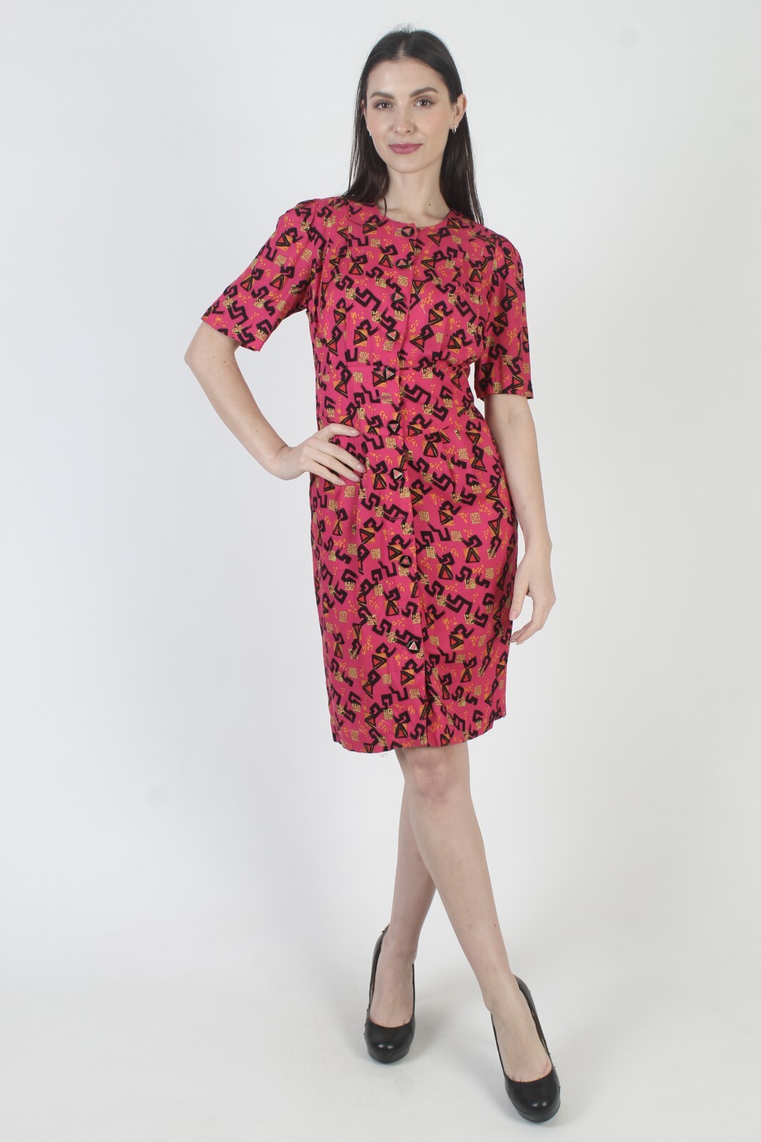 Vintage New Wave Dress Hot Pink All Over Print Pencil Skirt 80s Cocktail Party