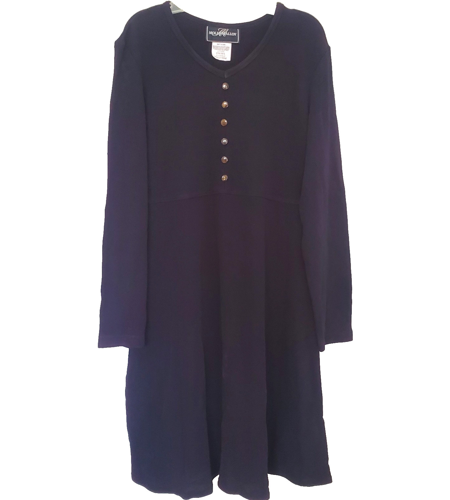 Vtg 90s Molly Malloy Knit Ribbed Black Grunge Witchy Skater Dress Long Sleeve ML