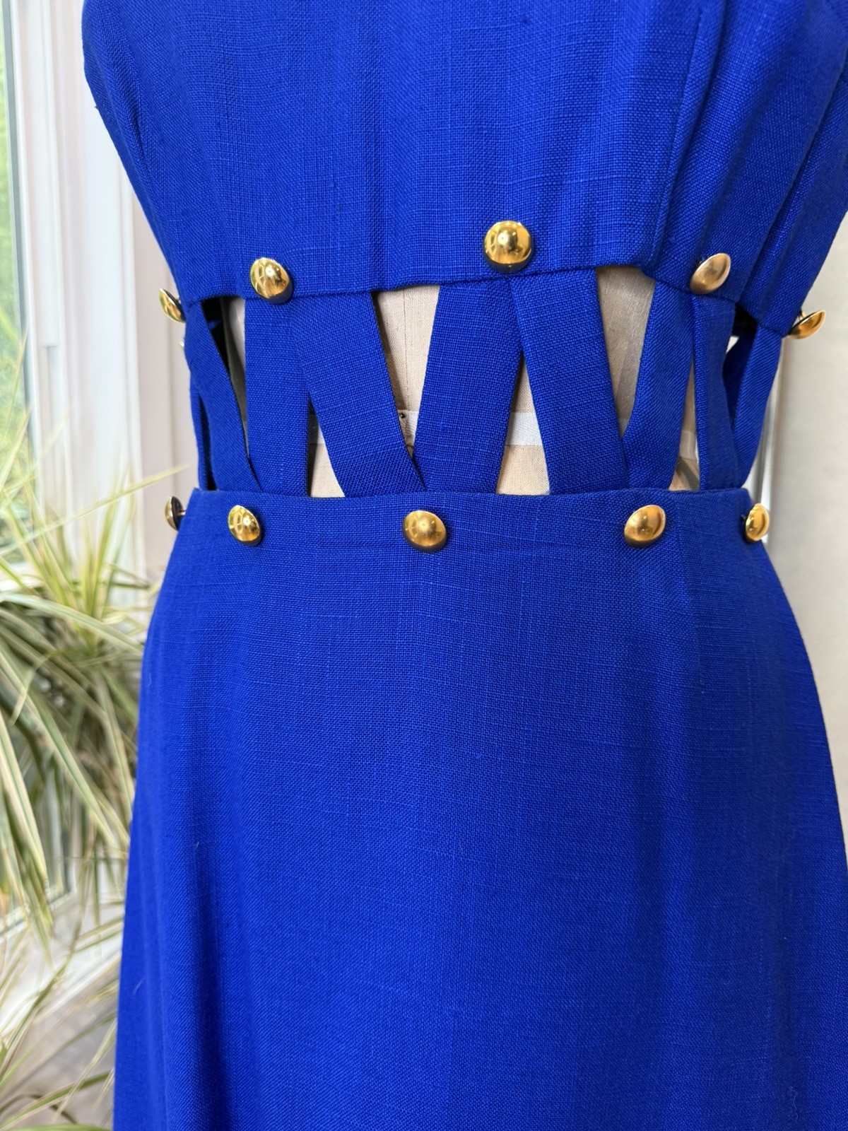 MOD Cut Out Waist Vintage 60s Shift Rayon Linen Dress Cardin Vibe Blue Italy