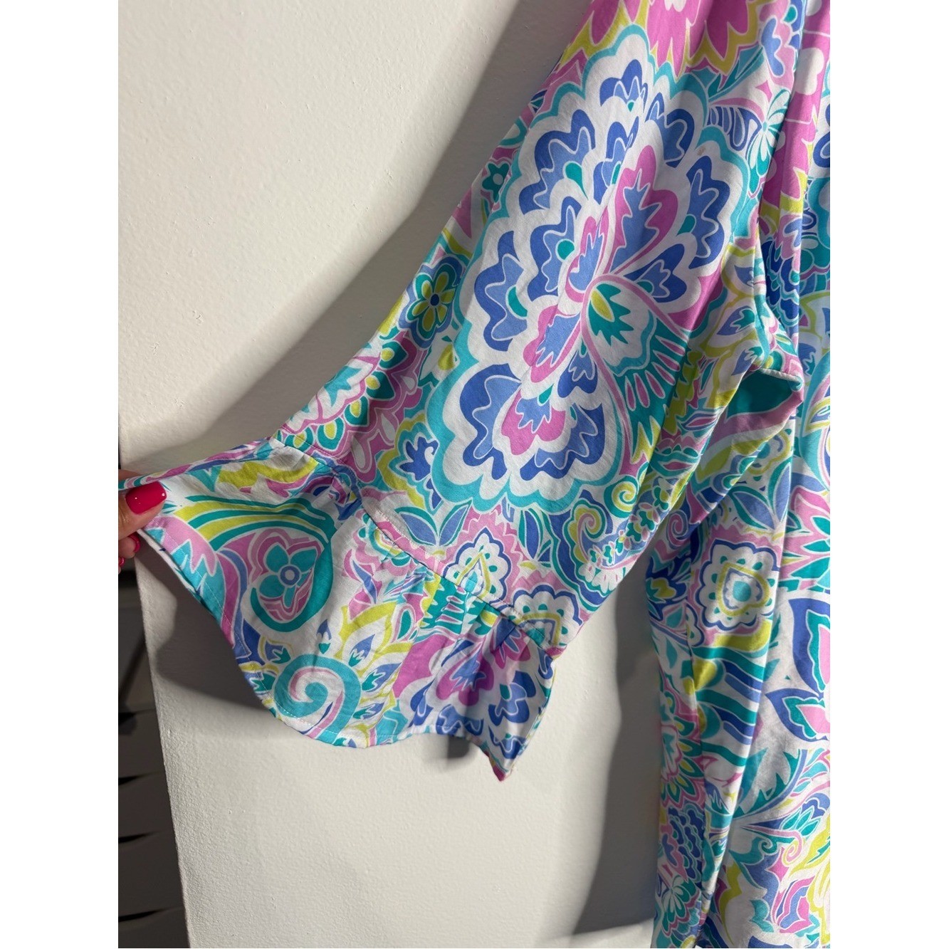 Ruby Rd Pink Blue Paisley Floral Bell Sleeve Boho Peasant Top 1X Flowy Whimsical
