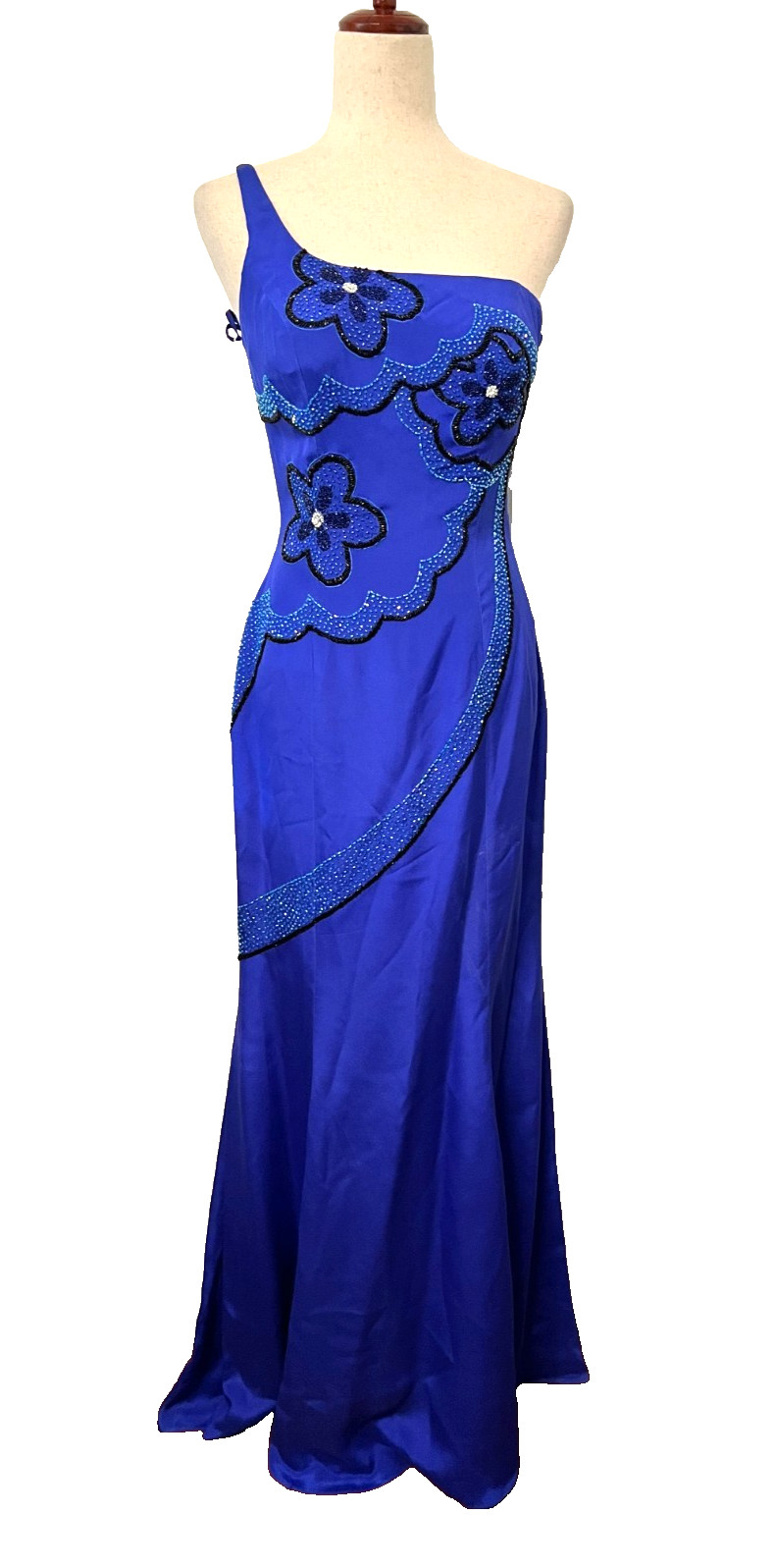 Vtg MIKE BENET FORMALS Sz 8 100% Silk Long Gown Dress Blue Floral Beaded Prom