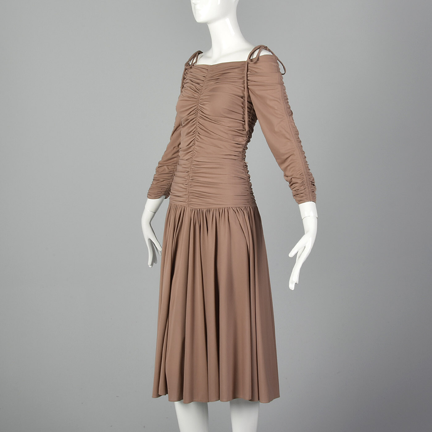 XS Frank Usher Golden Touch 1970s Dress Vintage Off Shoulder 70s Toffee Brown