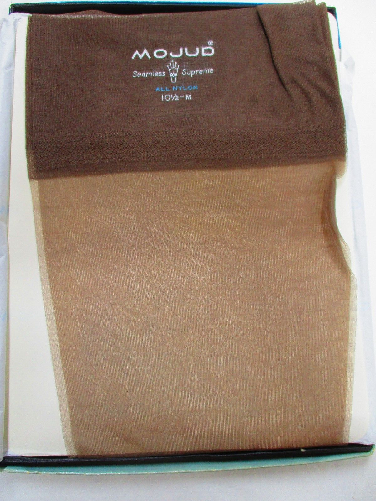 1PR VINTAGE MOJUD RHT SHEER SHINY FLAT KNIT NYLON STOCKINGS SZ 10 1/2 MED BEIGE