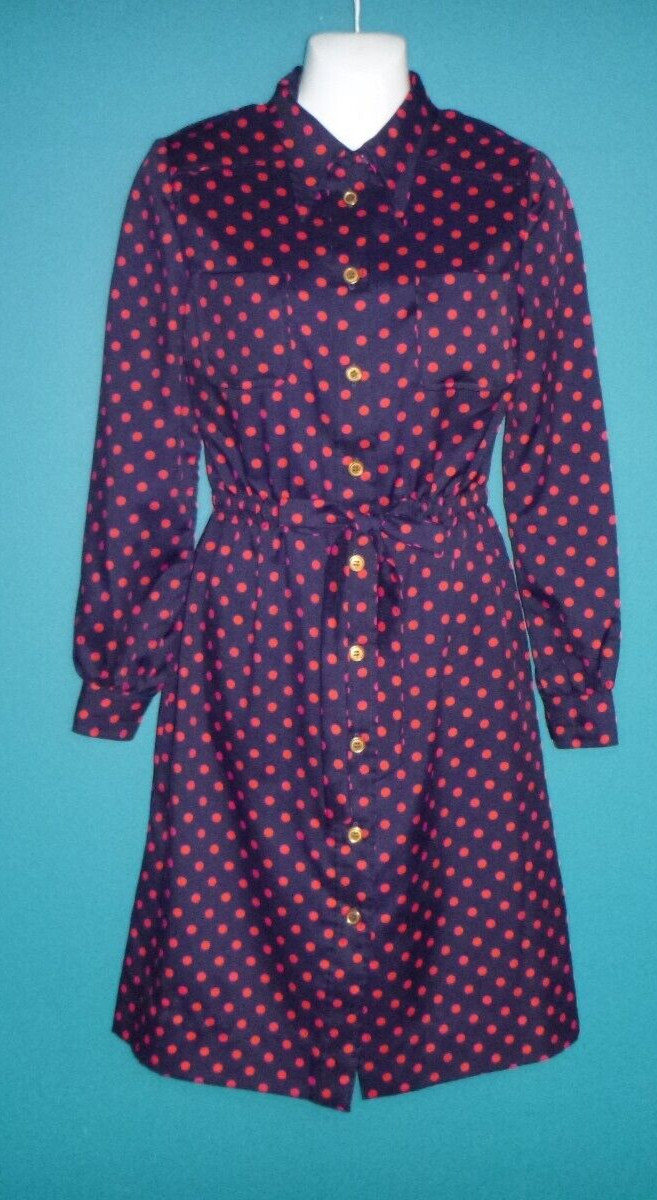 Vtg 70s Parade New York Silky Poly Shirt Dress Blue Red Polka Dots Sz M/L