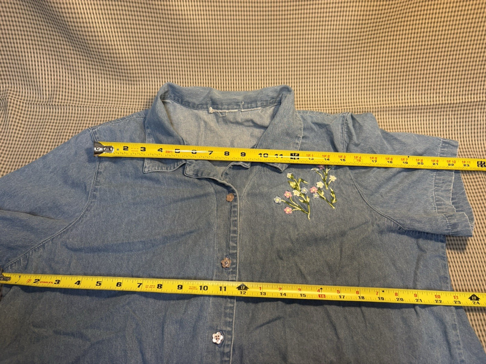 Vintage Grannycore Deniem Floral Button Down Embroidered Short Sleeve Women’s L