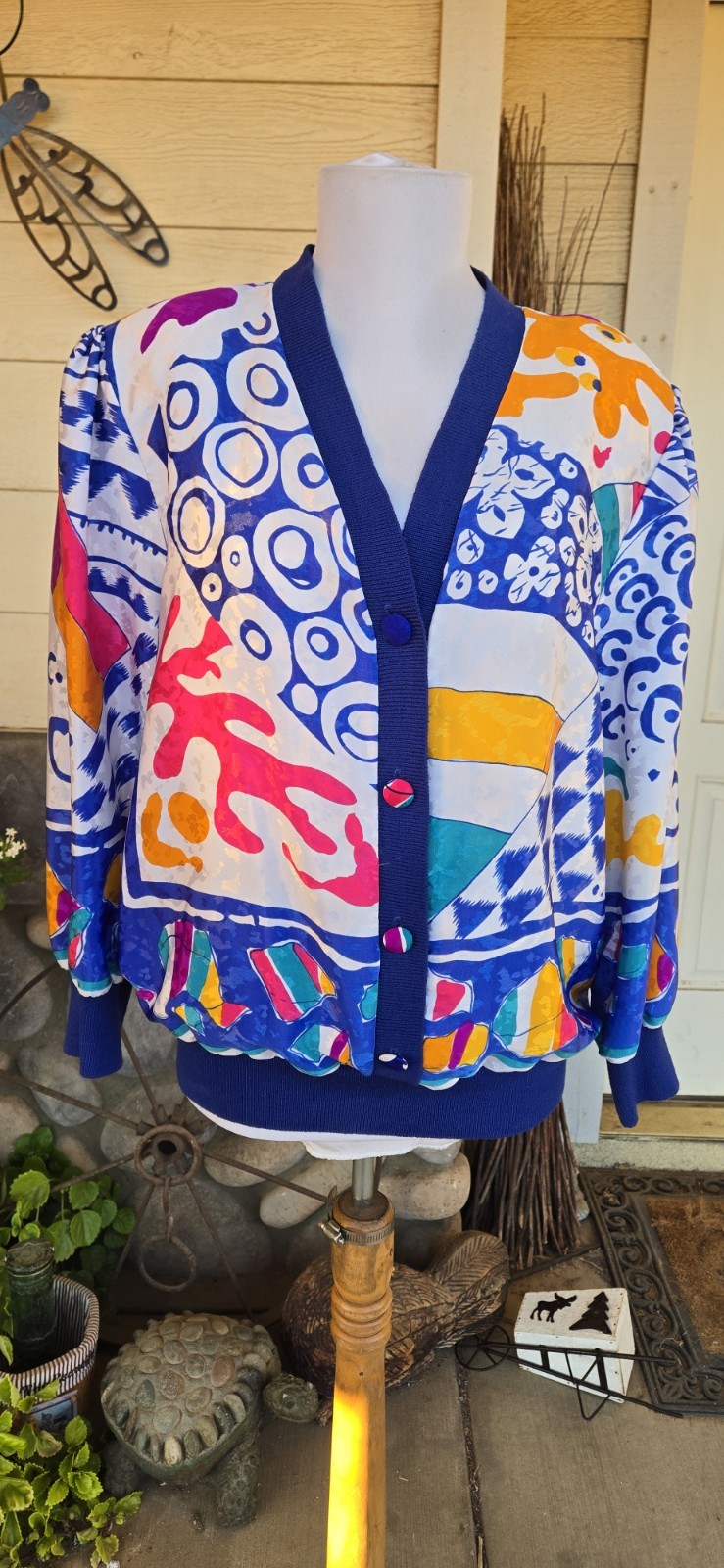1980s ANASTASIA Silky Polyester Bomber Style Cardigan Blouse Blouson Sleeves 16